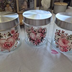 Floral Heart Glass Jars with Silver Lids